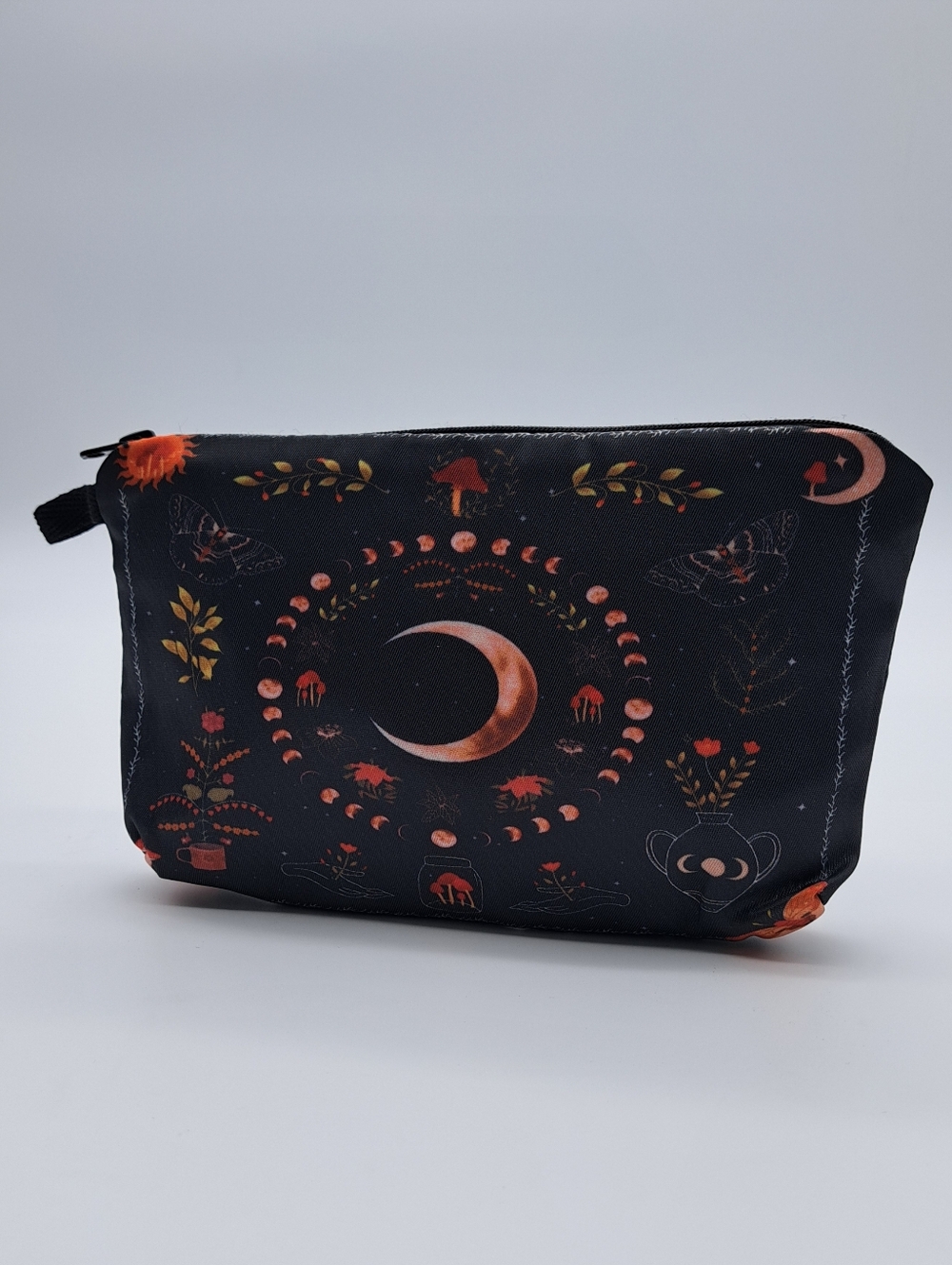 Moon Phase Cosmetic Pouch - Black With Whimsical Printed Accents